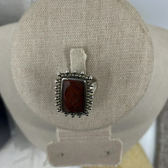 Vintage Sterling Silver Jasper Ring with Ornate Beaded Setting – Size 6.75 - Picture 5 of 14